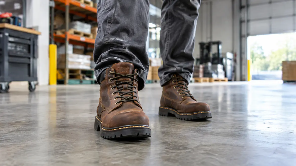 Brown leather work boots worn on a concrete warehouse floor