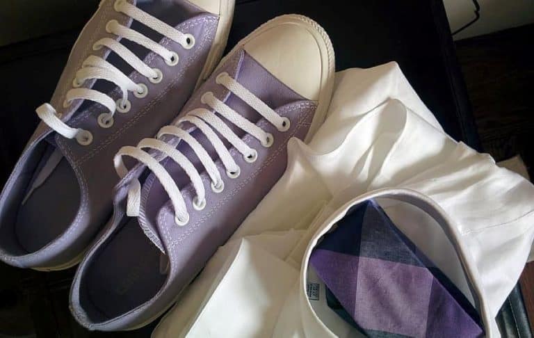 lavender shoes, socks and white shirt