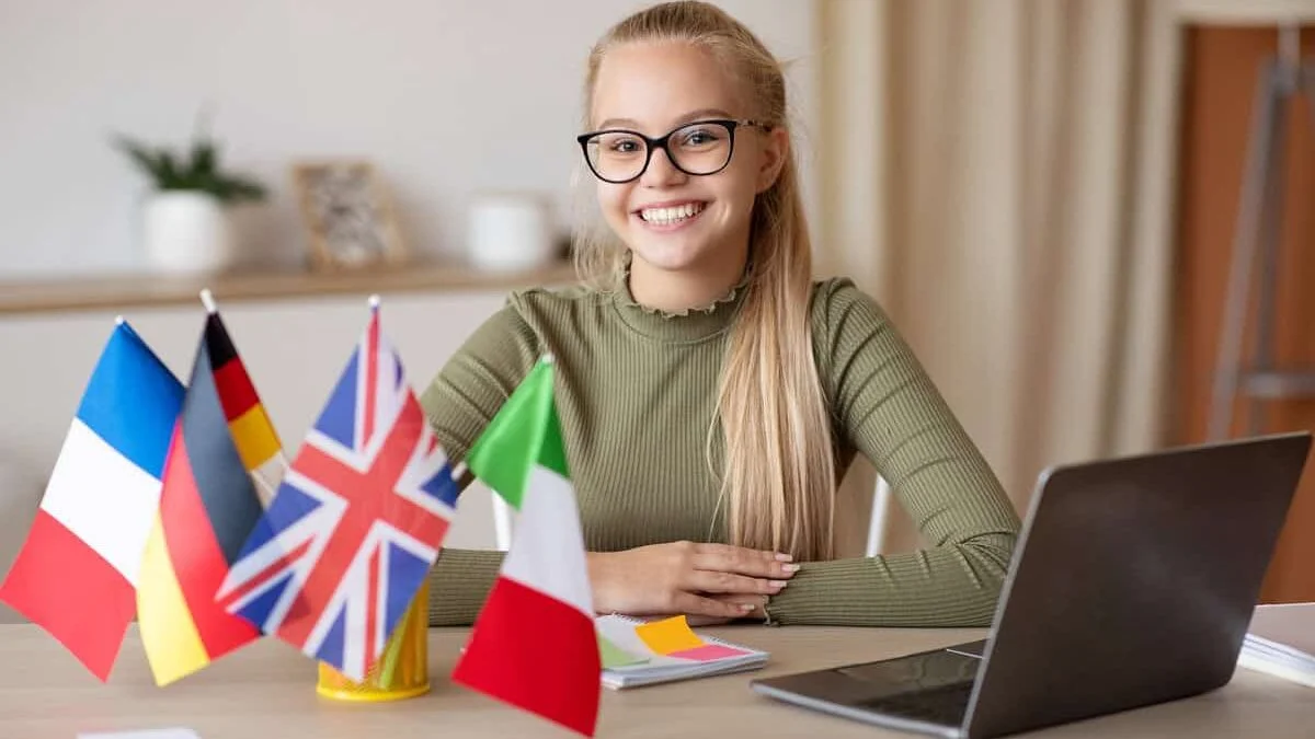 kid with european and UK flags
