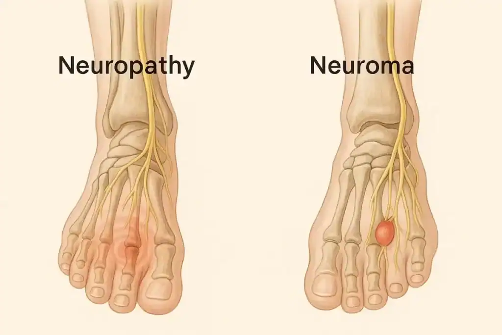 Medical illustration comparing two foot nerve conditions: neuropathy vs neuroma