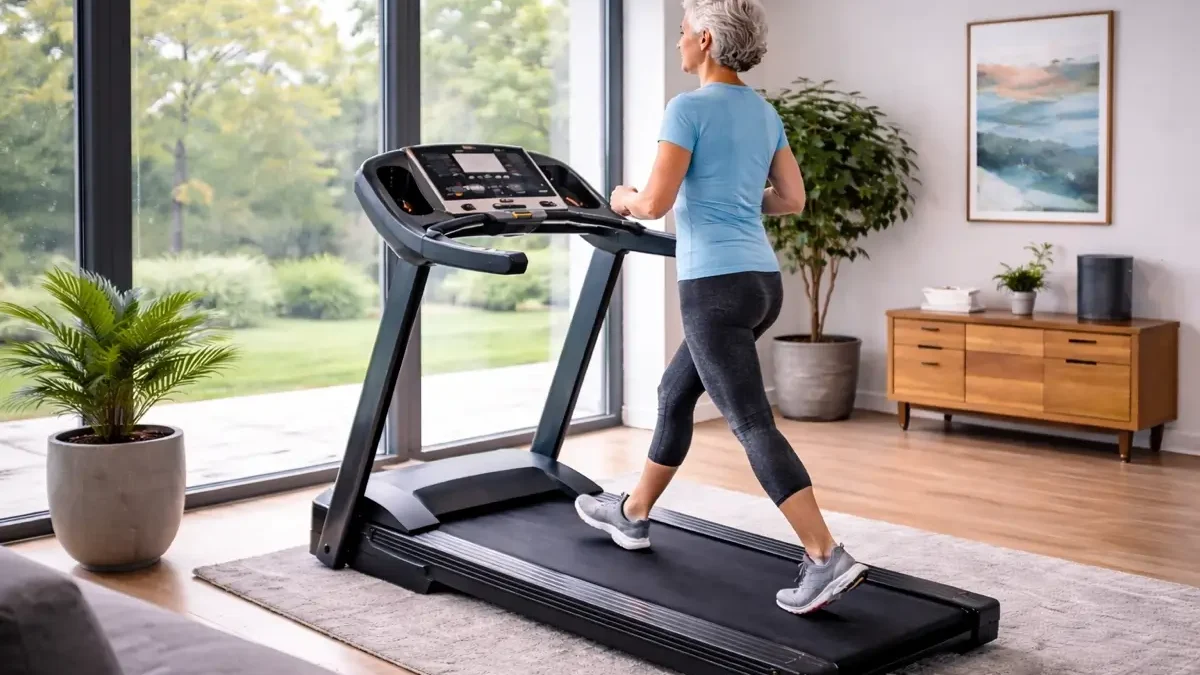 walking treadmill with older woman