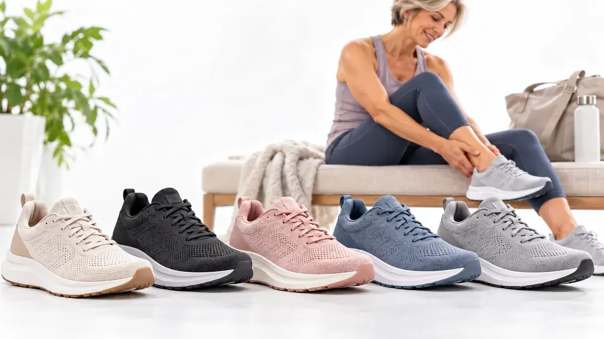 woman tries on shoes for feet that hurt after standing all day