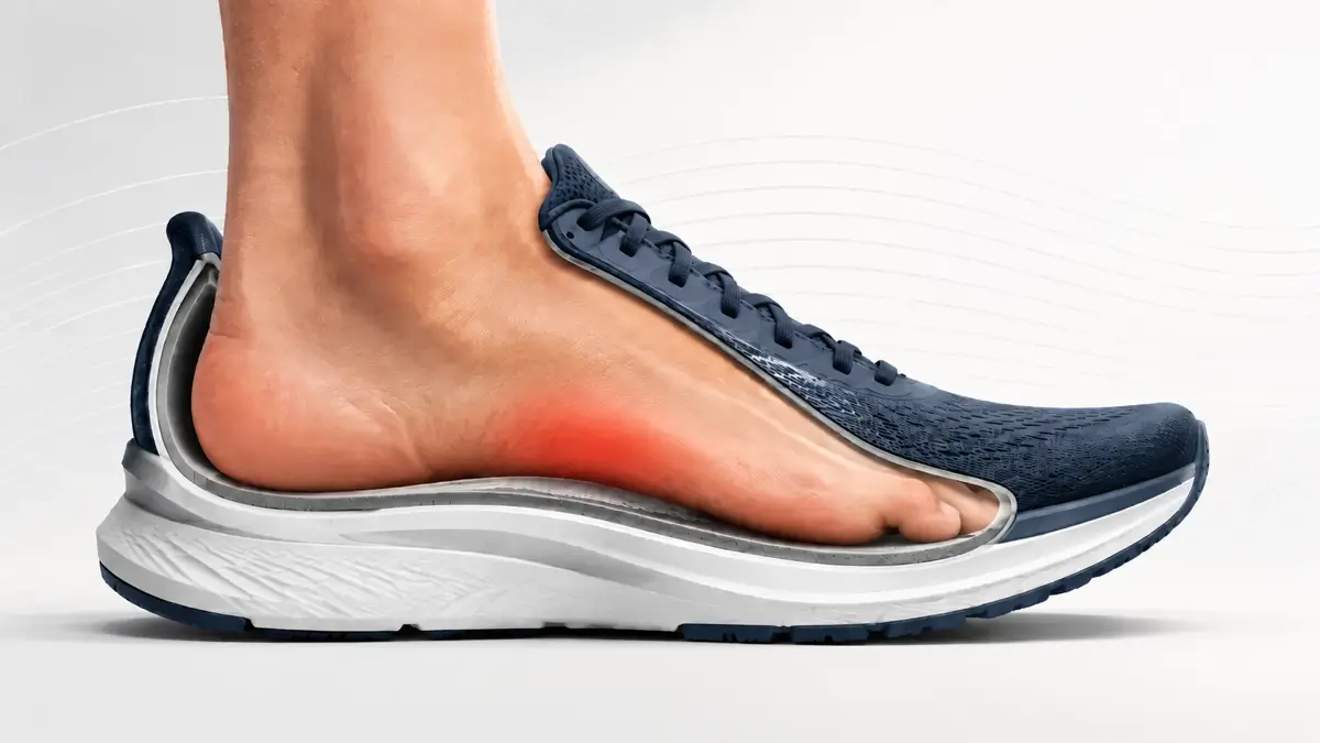 Plantar Fasciitis shon on foot in cutaway shoe