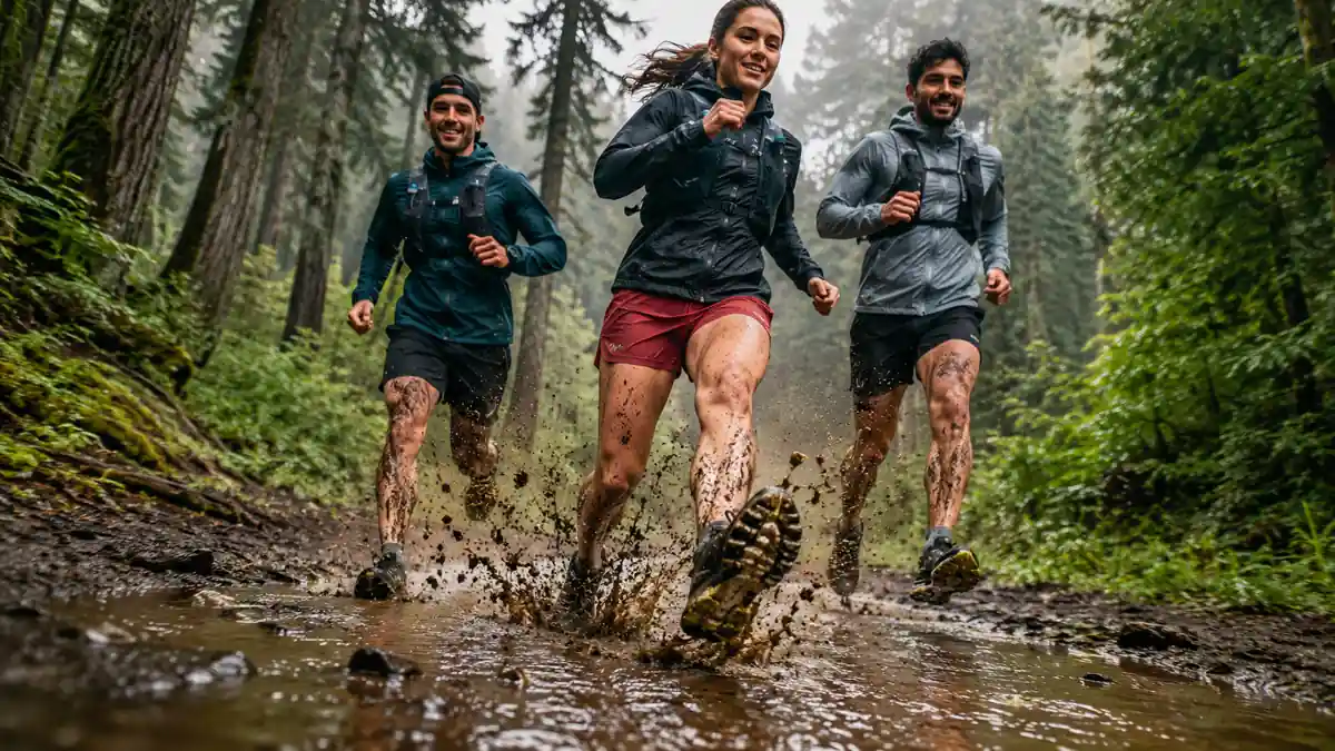 runners wearing salomon shoes on a muddy trail