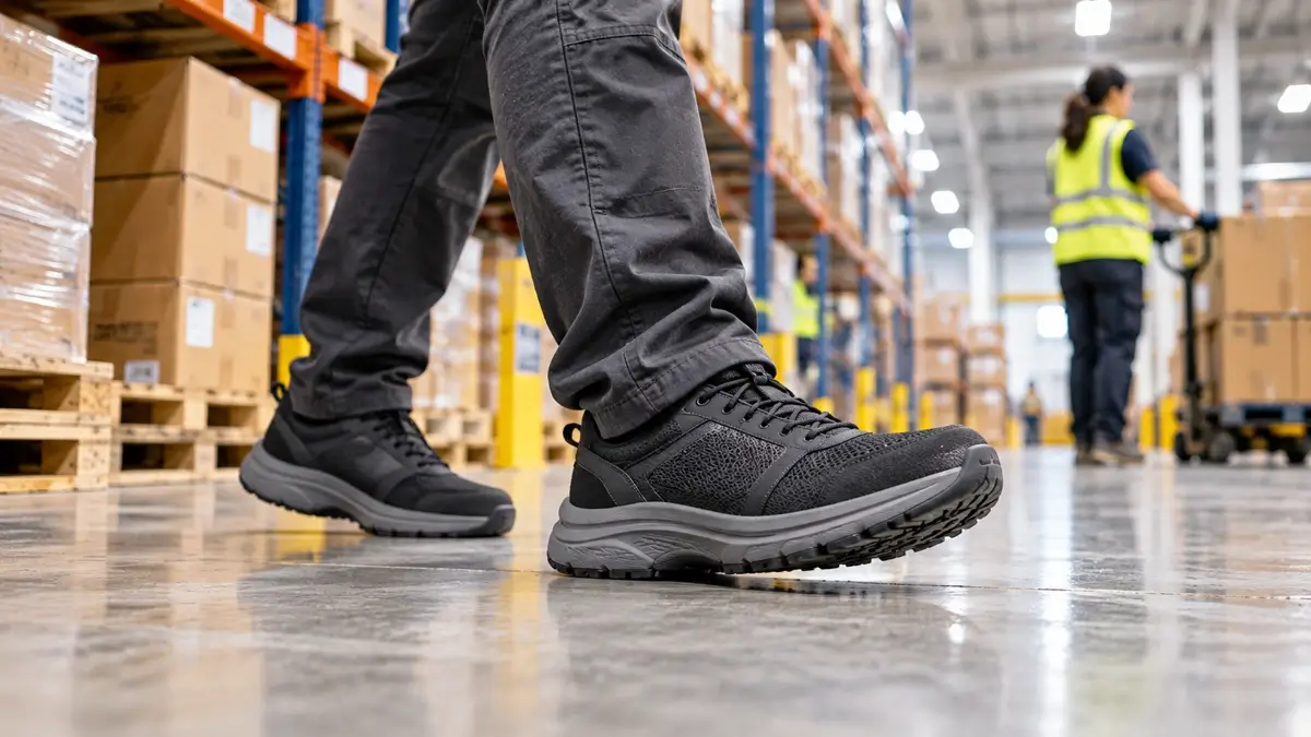 Warehouse worker wearing cushioned work shoes on a concrete warehouse floor