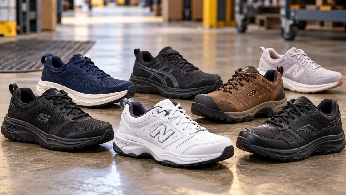 Wide work shoes for long shifts on hard floors