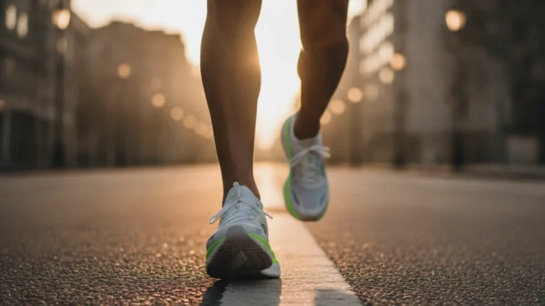 Close low-angle view of a runner's carbon-plated racing shoes mid-stride on a city road at dawn