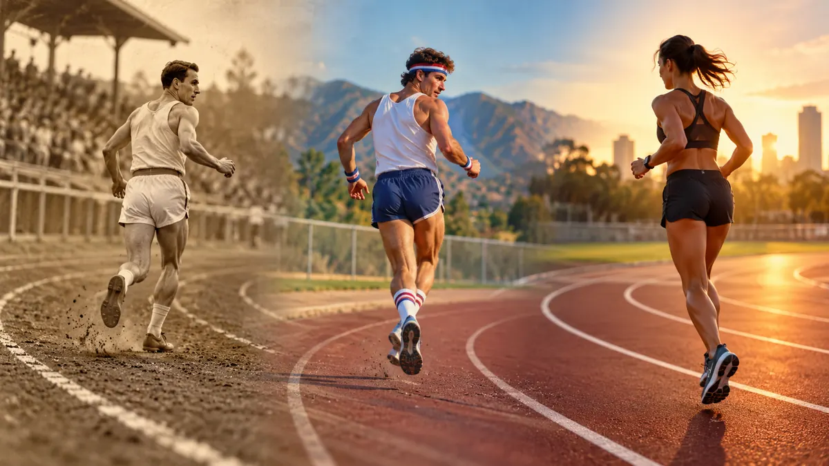 Illustrated collage showing three backward runners on tracks from earlier decades to today