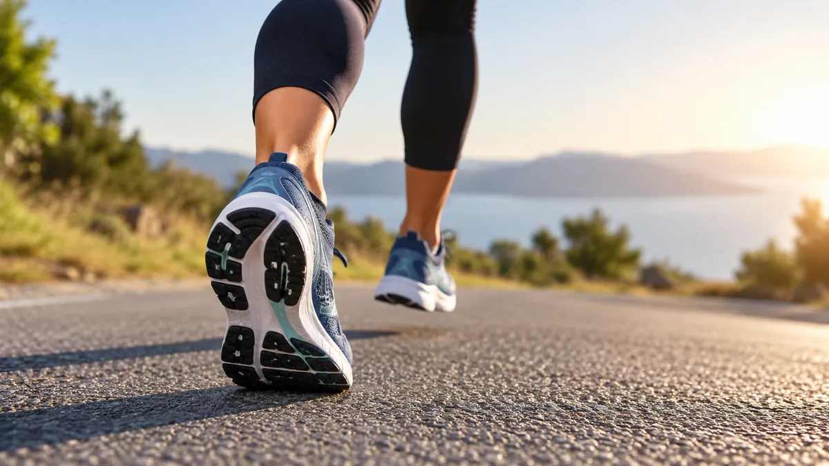 Runner landing heel-first on a paved road during a golden-hour run
