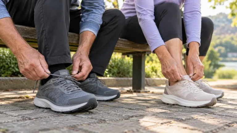Two older adults seated on a park bench tying their walking shoes before a walk