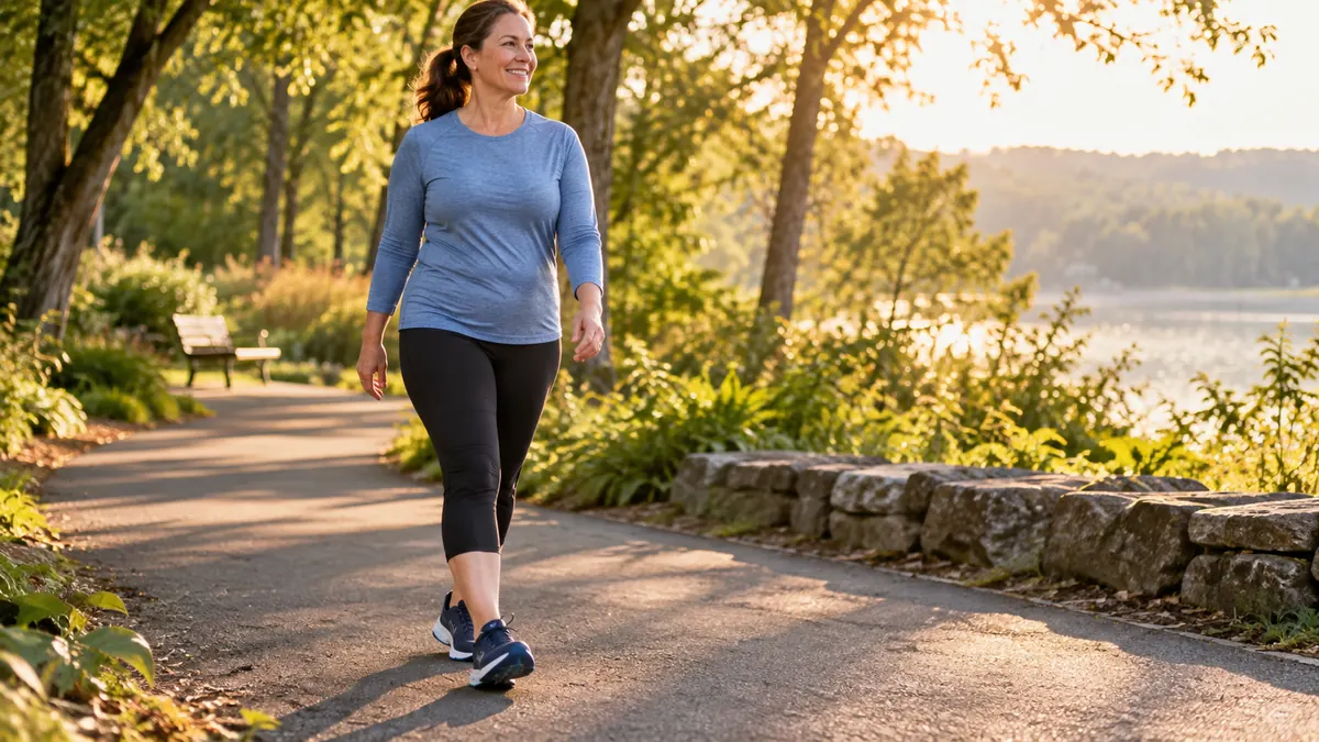 Woman walking along a paved park path in cushioned athletic shoes, illustrating footwear fit for plantar fasciitis and wide feet