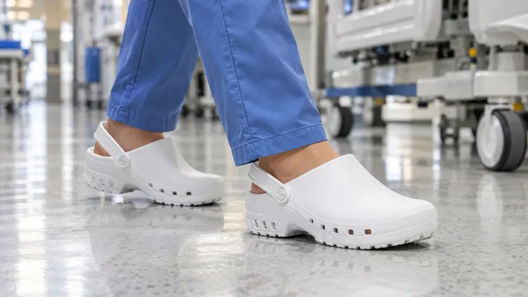 Health care worker wearing Calzuro Classic work clogs in a hospital