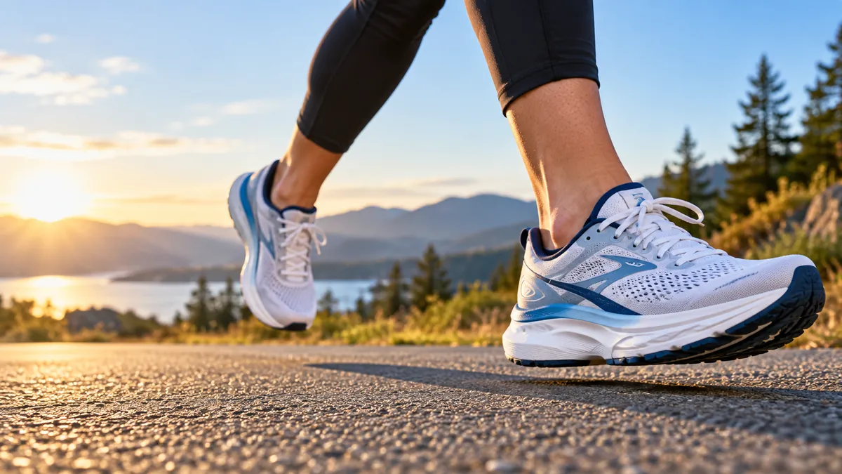 Runner wearing cushioned running shoes on a road