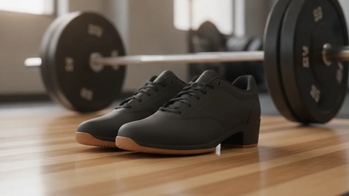 Black weightlifting shoes with a raised heel on a gym lifting platform beside a barbell