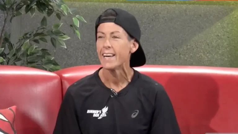 Kat Clewley, retro runner, pictured in connection with her Hamilton 100K backward-running event