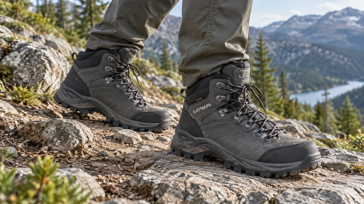 Hiker wearing Lowa Renegade Evo GTX Mid hiking boots on rocky terrain