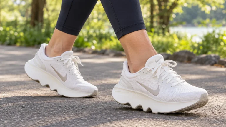 Walker wearing Nike Motiva 2 walking shoes on a park path