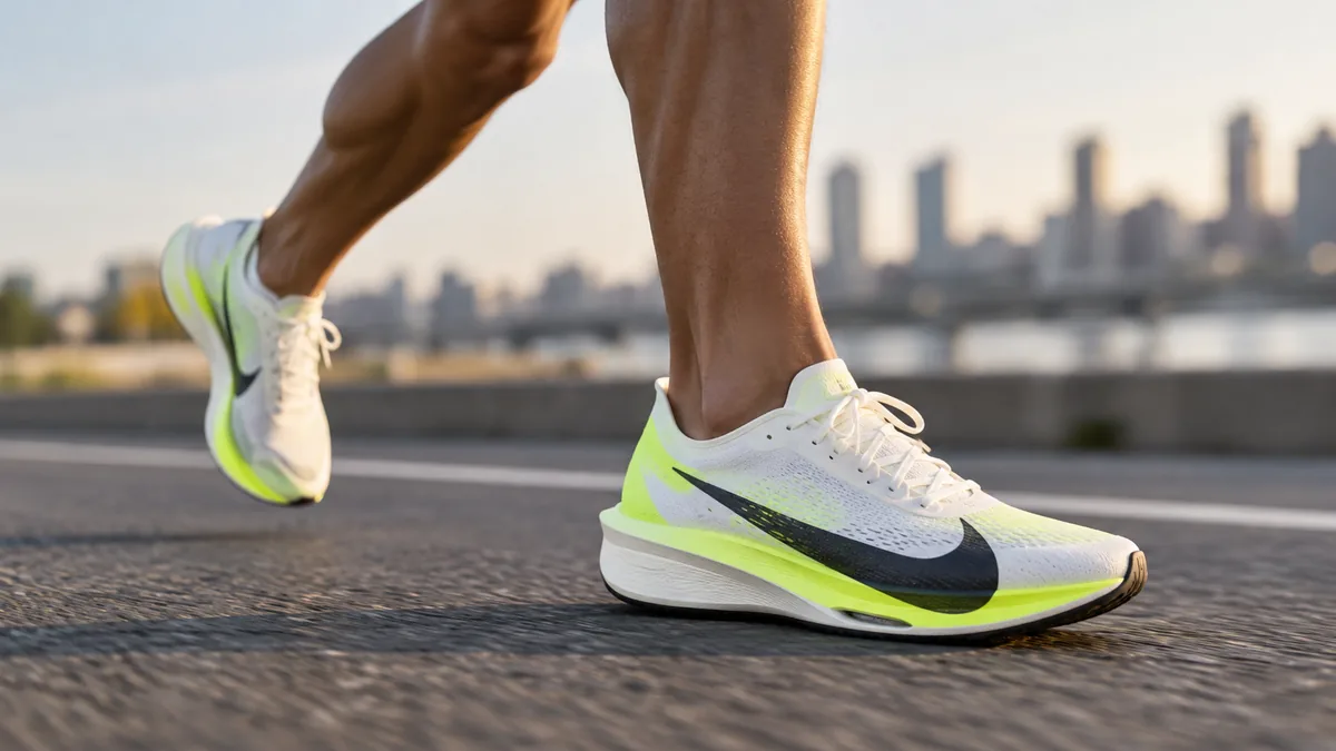 Runner wearing Nike Streakfly 2 racing shoes on a paved road