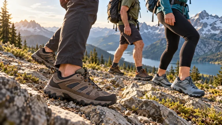 Hikers wearing Oboz-style hiking shoes on a rocky mountain trail