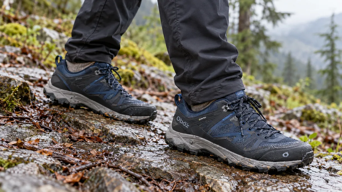 Hiker wearing Oboz Katabatic LT Low GTX waterproof shoes on a wet trail