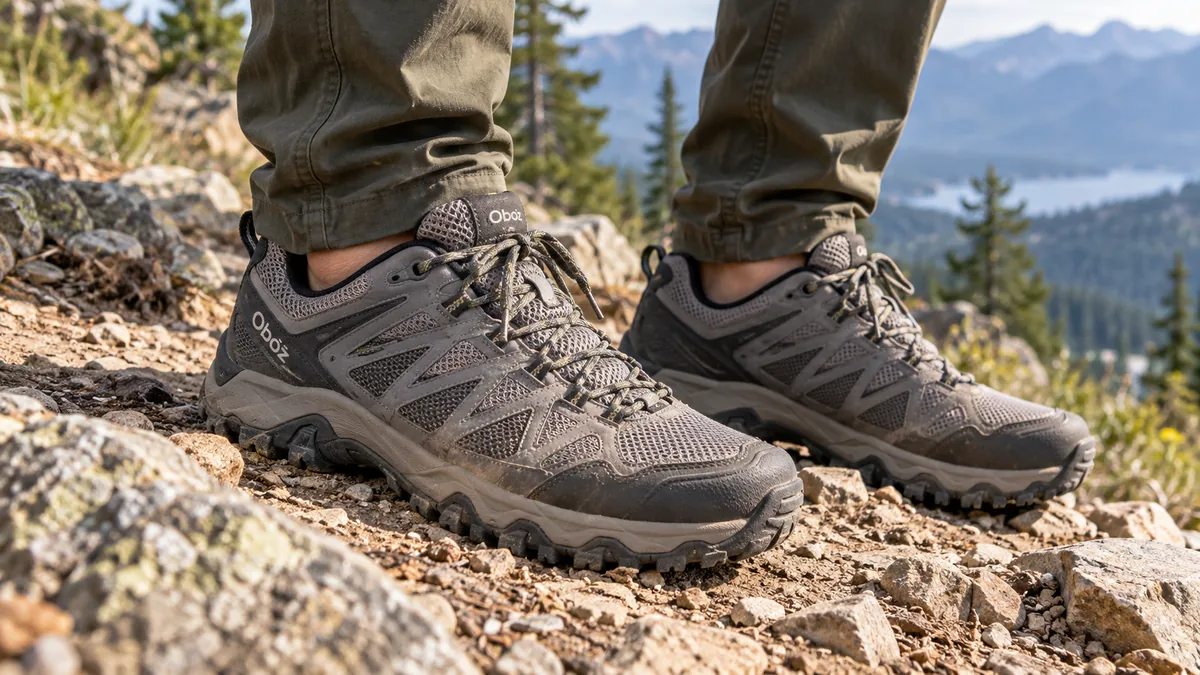 Hiker wearing Oboz Sawtooth X hiking shoes on rocky terrain