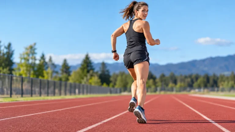 Woman running backward on an outdoor athletics track