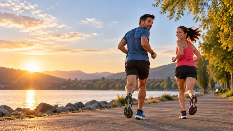 Two retro runners on a scenic paved route at sunset