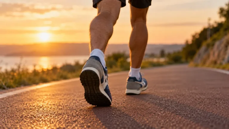 Close-up of a runner's shoes and lower legs on a paved path at sunset