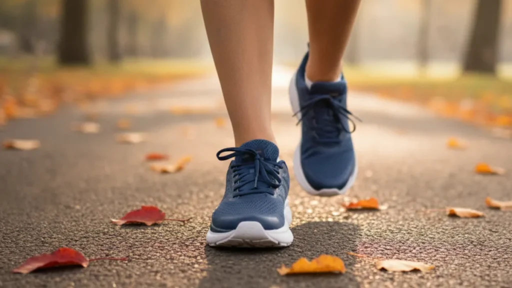 Runner wearing Saucony Omni ST 23 stability shoes during a paved-path walk