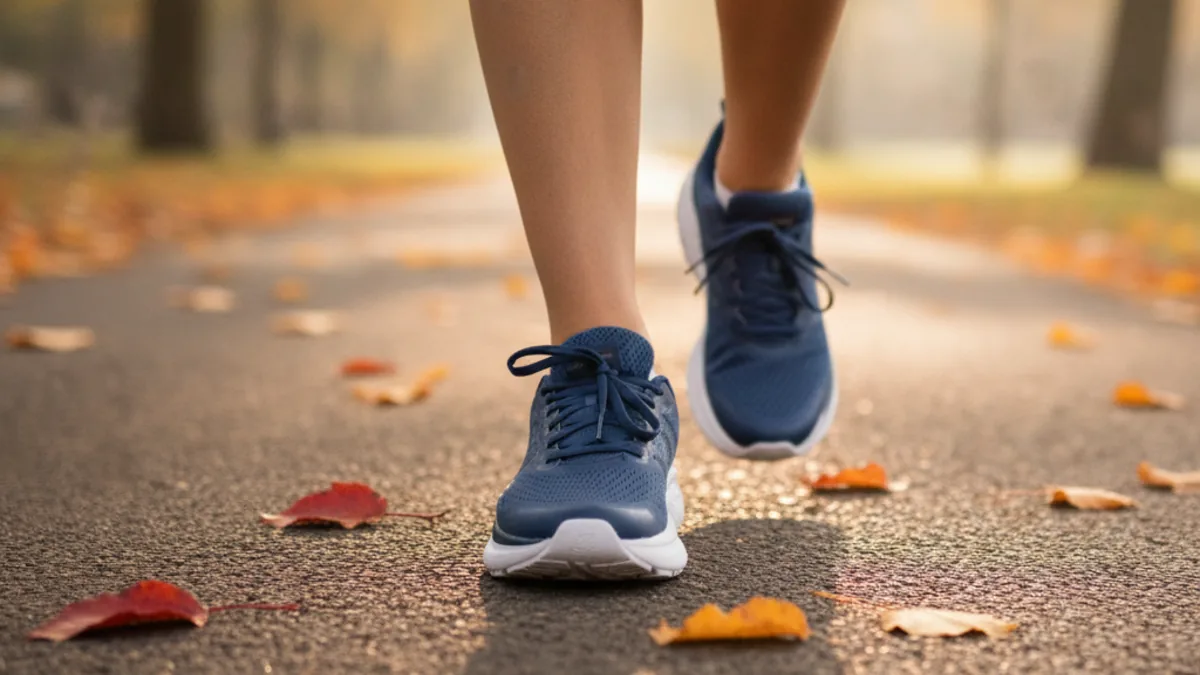 Runner wearing Saucony Omni ST 23 stability shoes during a paved-path walk