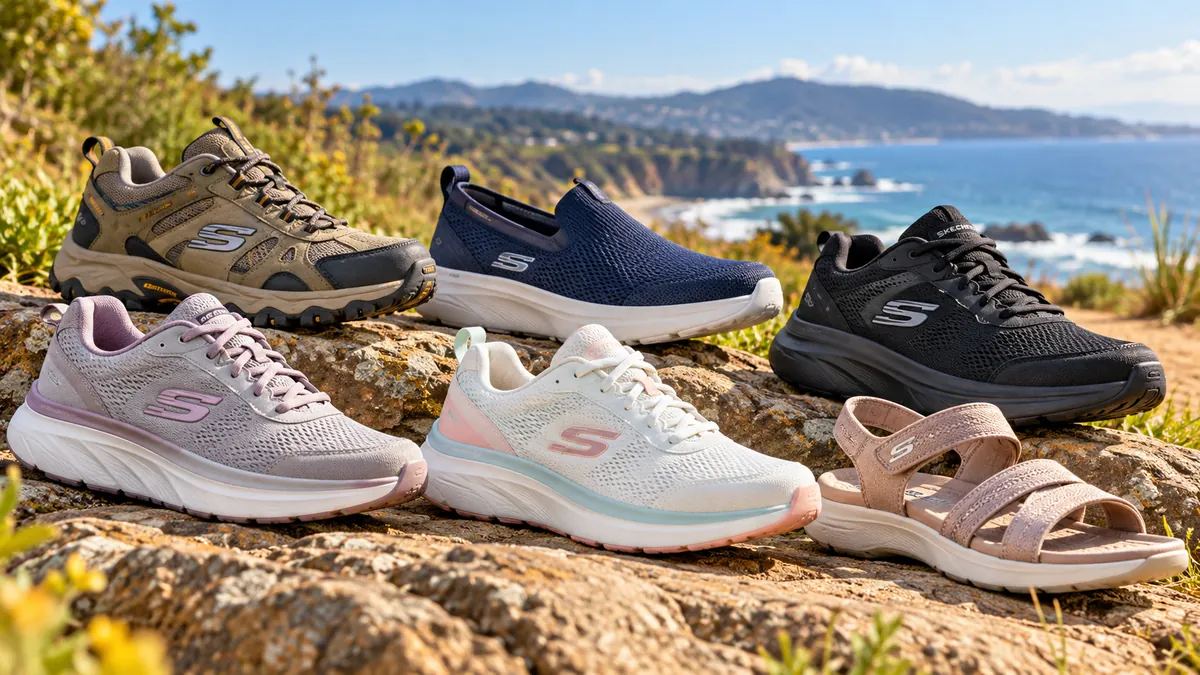 Skechers walking, running, work and casual shoes in an outdoor setting